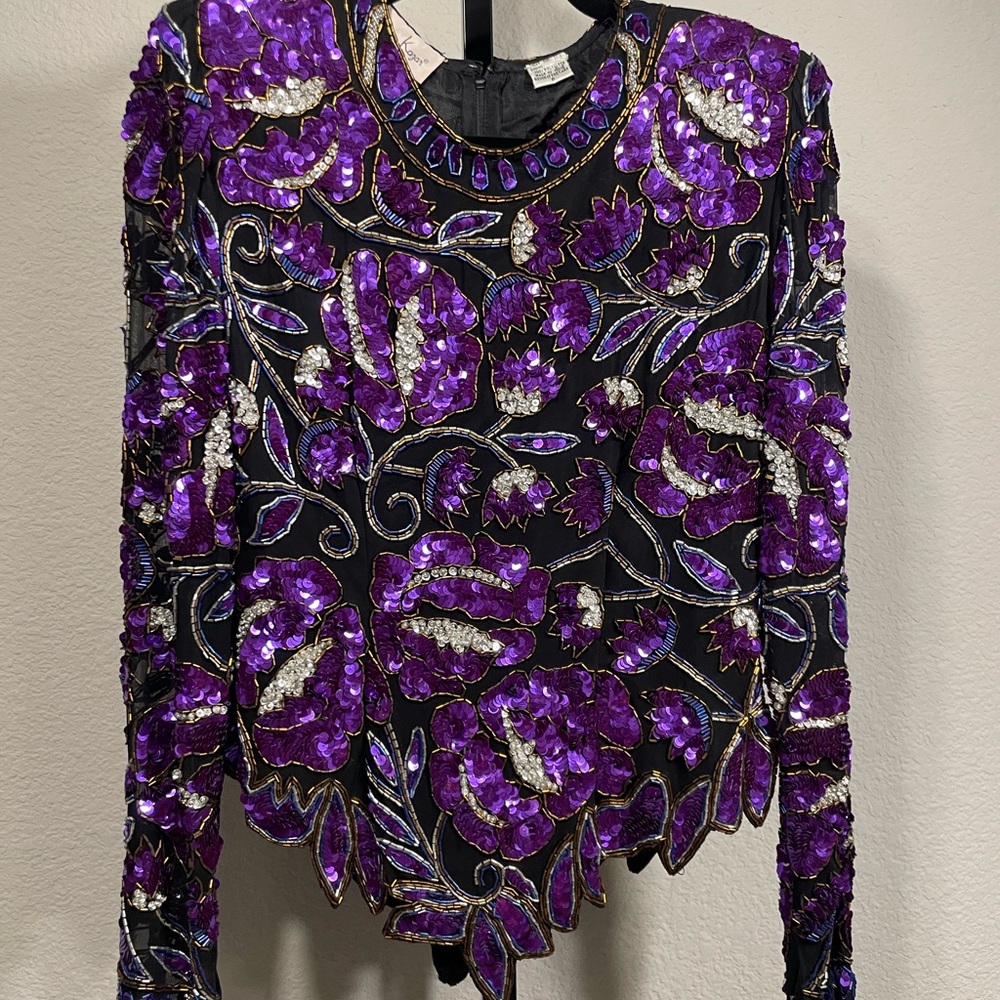 Laurence Kazar Black and Purple Sequin Embellished Blouse
